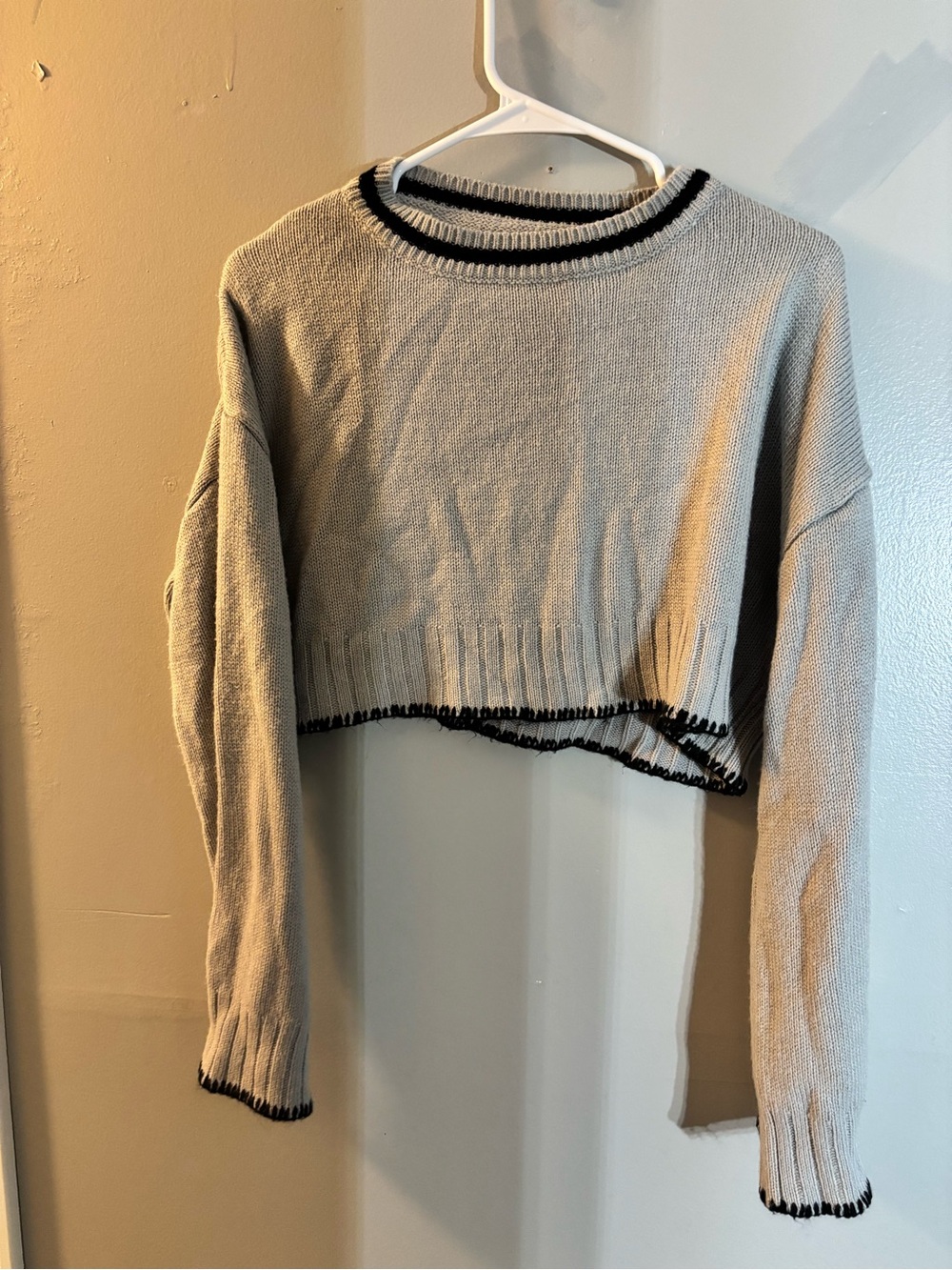 Amazon Cropped Crewneck Sweater in Light Gray with Black Trim